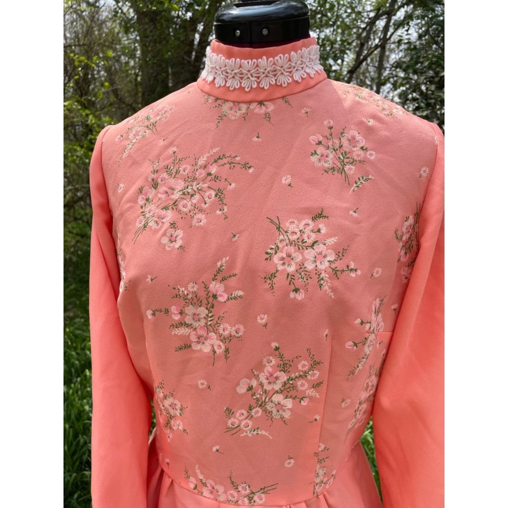 Vintage Peach Floral 1970s Long Maxi Dress Size Medium - Picture 5 of 16